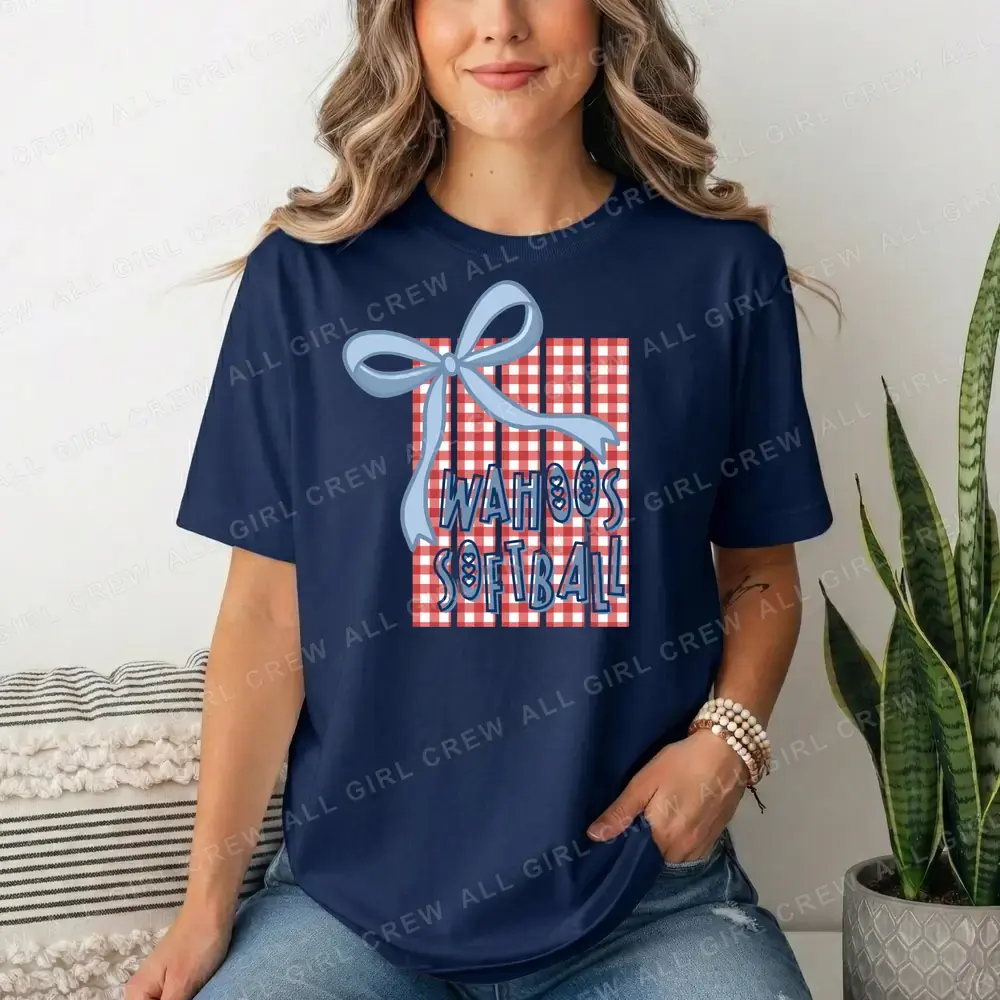 Wahoos Softball Bow Gingham on Navy