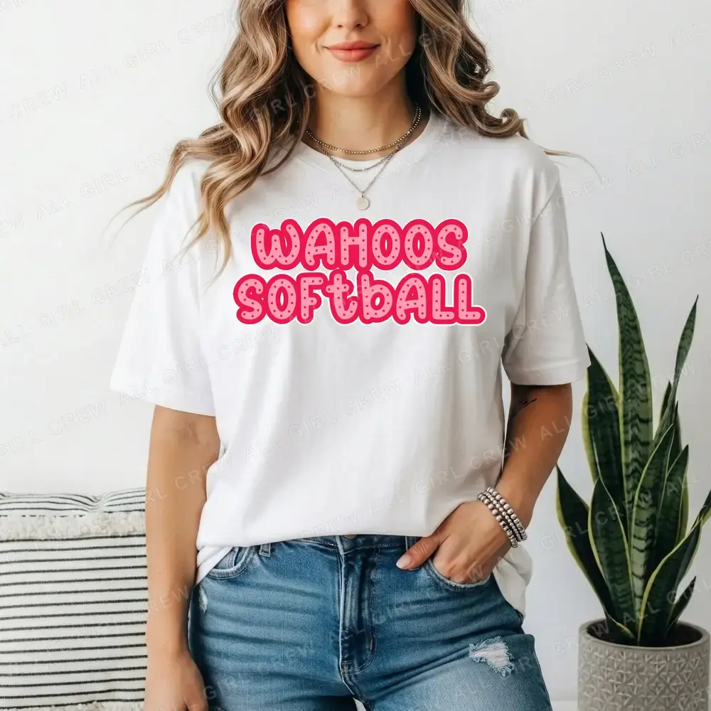 Wahoos Softball Polka Dot Pink on White