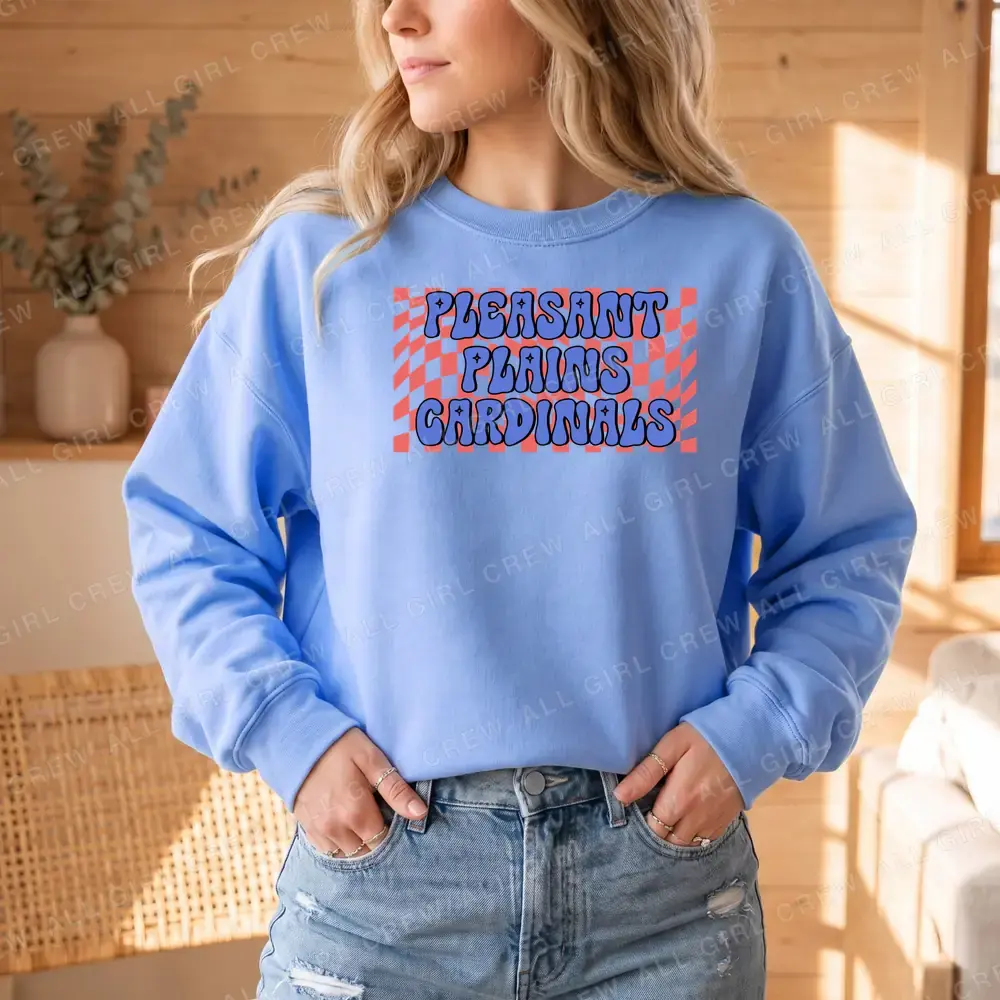 Pleasant Plains Cardinals Checkered Wave Red Back Blue Text on Carolina Blue