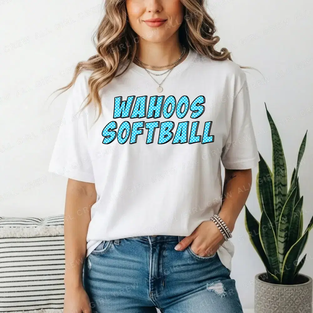 Wahoos Softball Checker Letters Blue on White