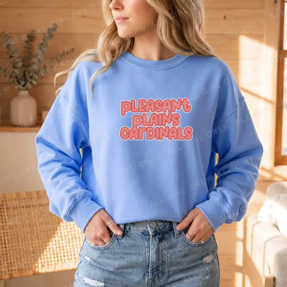 Pleasant Plains Cardinals Red Bubble Letters on Carolina Blue