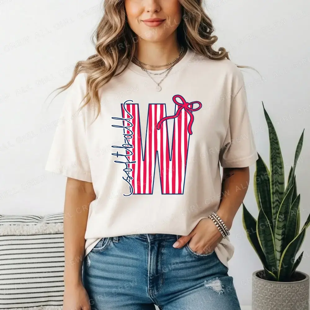 Striped W Bow Softball on Natural