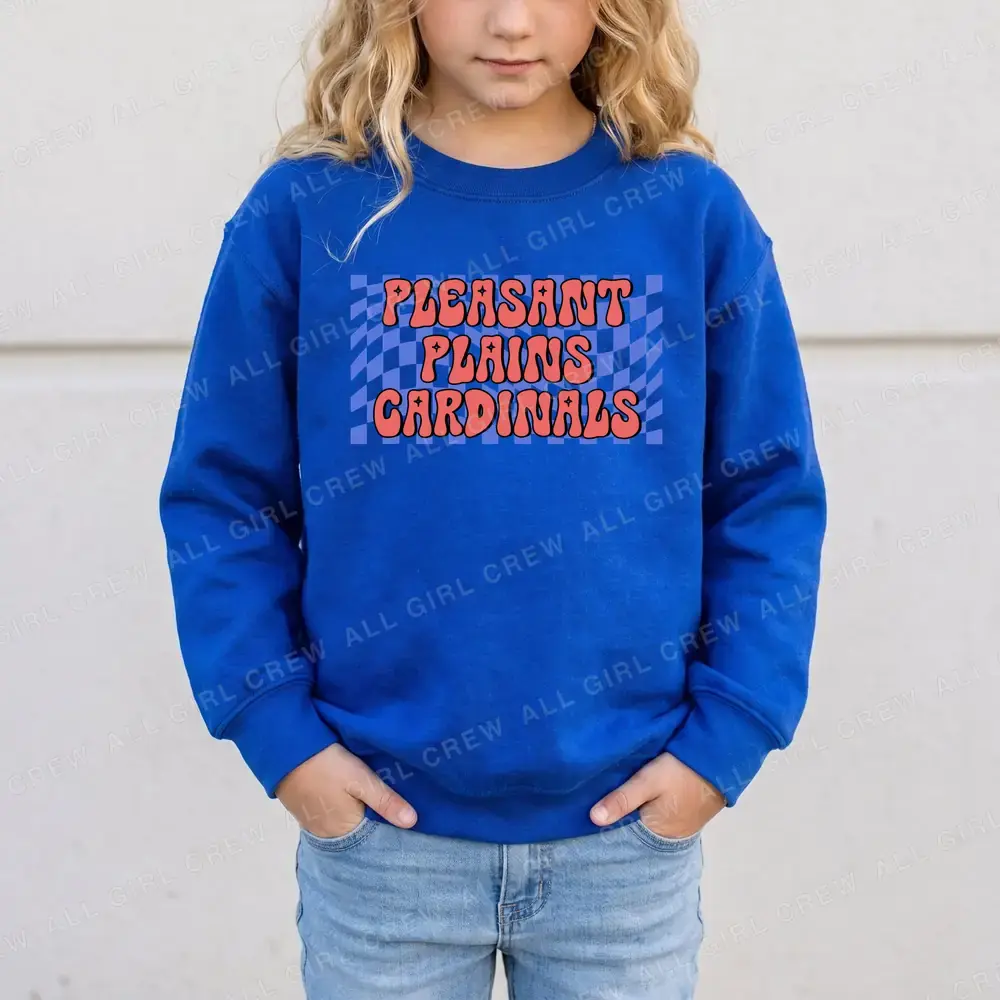 Pleasant Plains Cardinals Checkered Wave Blue Back Red Text on Royal