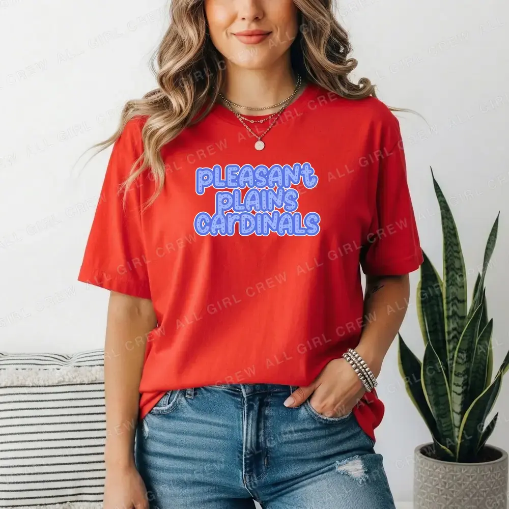 Pleasant Plains Cardinals Blue Bubble Letters on Red